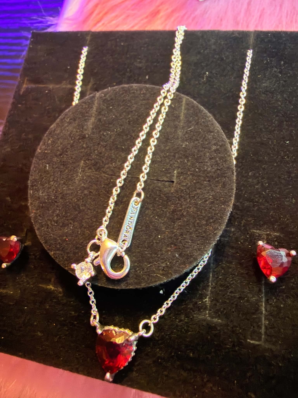 Pandora Silver Necklace, Ring & Earrings Set with Red Heart Stones - Picture 3 of 5